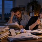 Deux professionnels épuisés travaillent tard dans un bureau encombré de dossiers comptables pour finaliser la clôture annuelle.