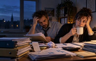 Deux professionnels épuisés travaillent tard dans un bureau encombré de dossiers comptables pour finaliser la clôture annuelle.