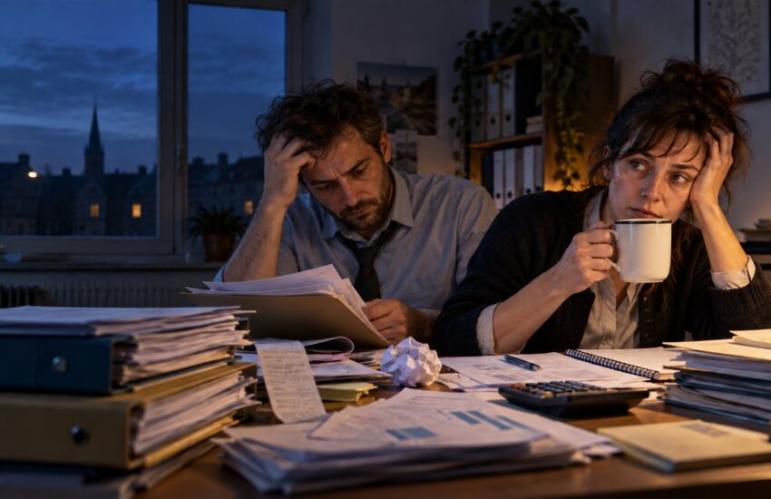 Deux professionnels épuisés travaillent tard dans un bureau encombré de dossiers comptables pour finaliser la clôture annuelle.