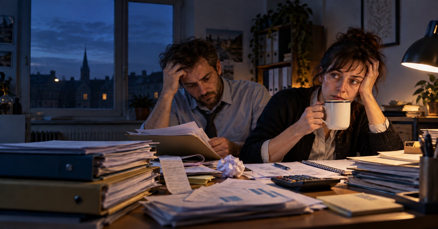 Deux professionnels épuisés travaillent tard dans un bureau encombré de dossiers comptables pour finaliser la clôture annuelle.