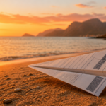 Billet d’avion plié en avion en papier sur une plage méditerranéenne au coucher du soleil, illustrant les week-ends reportés avec la facture électronique.