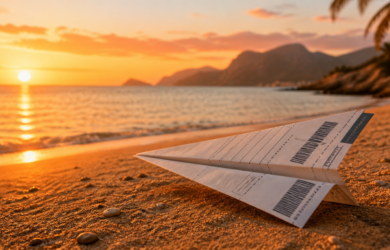 Billet d’avion plié en avion en papier sur une plage méditerranéenne au coucher du soleil, illustrant les week-ends reportés avec la facture électronique.