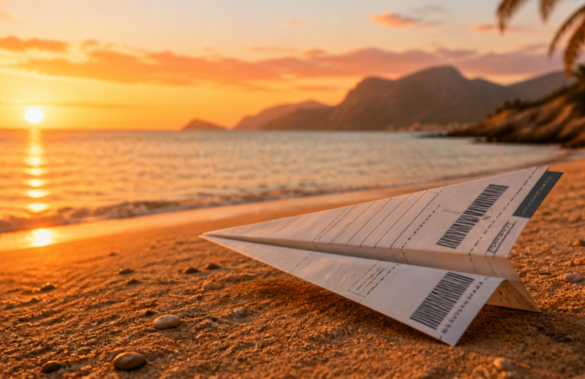 Billet d’avion plié en avion en papier sur une plage méditerranéenne au coucher du soleil, illustrant les week-ends reportés avec la facture électronique.