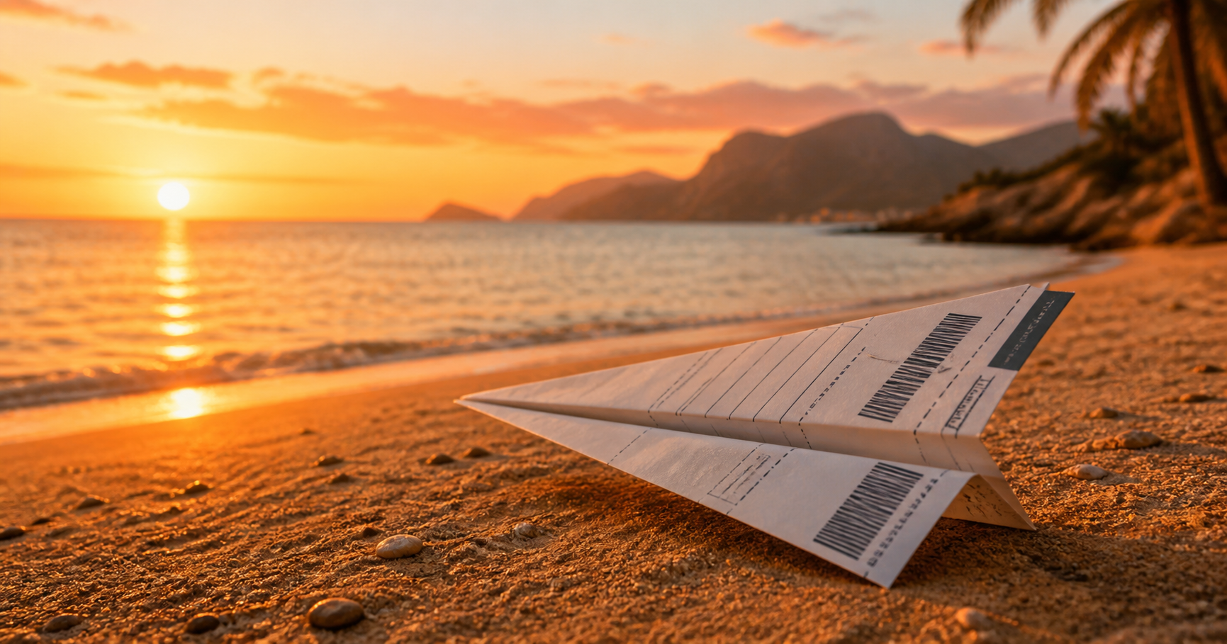 Billet d’avion plié en avion en papier sur une plage méditerranéenne au coucher du soleil, illustrant les week-ends reportés avec la facture électronique.