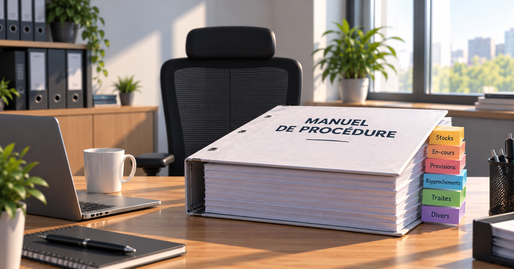 Bureau vide avec un manuel de procédure documentant les traitements clés de l’entreprise