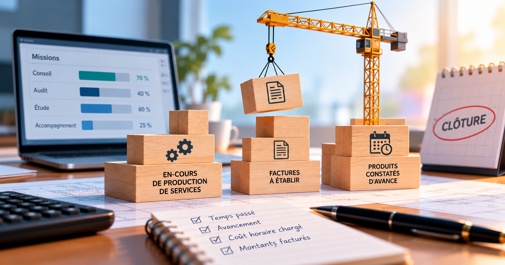 Valorisation des missions en cours à la clôture : en-cours de production, factures à établir et produits constatés d’avance